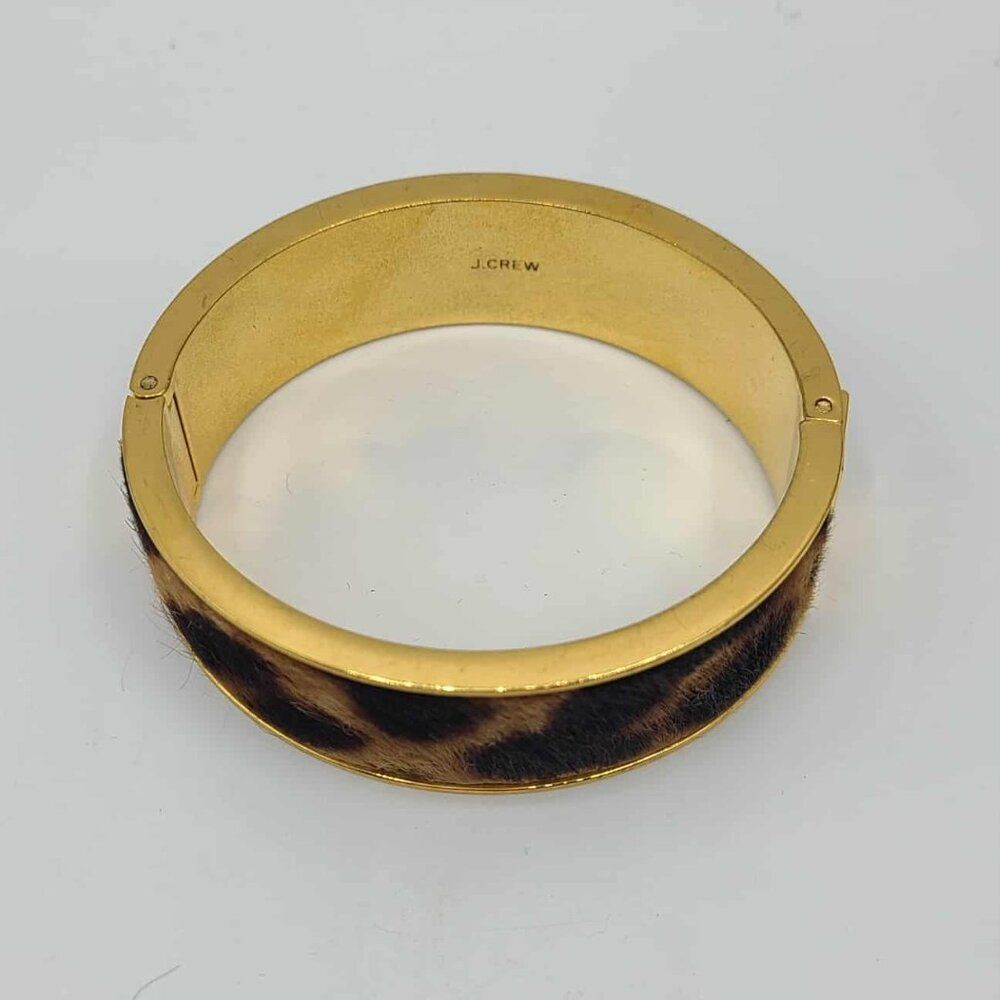 J Crew Animal Print Faux Fur Gold Tone Hinged Cuff Bracelet - Picture 7 of 8